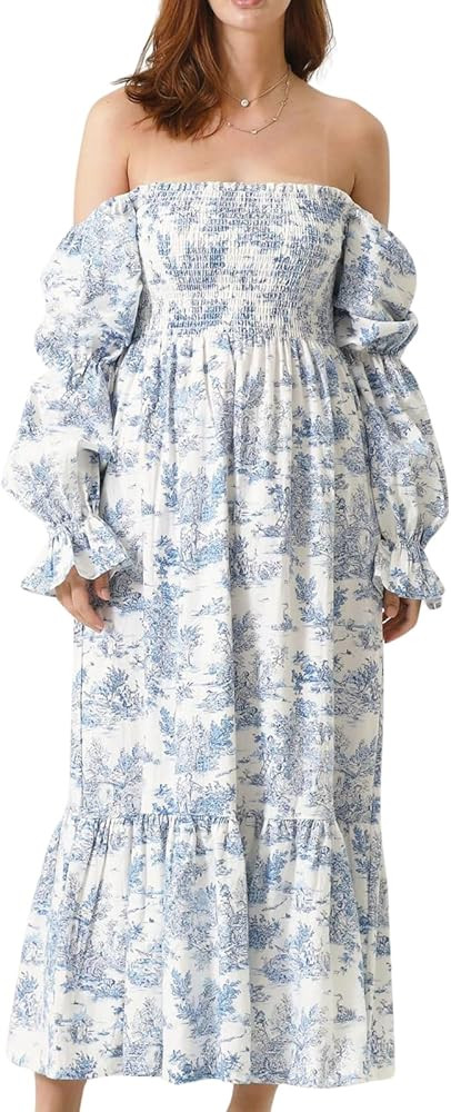 Women Square Neck Smocked Dresses Puff Long Sleeve Floral Off Shoulder Dress Bohemian Maxi Dress | Amazon (US)