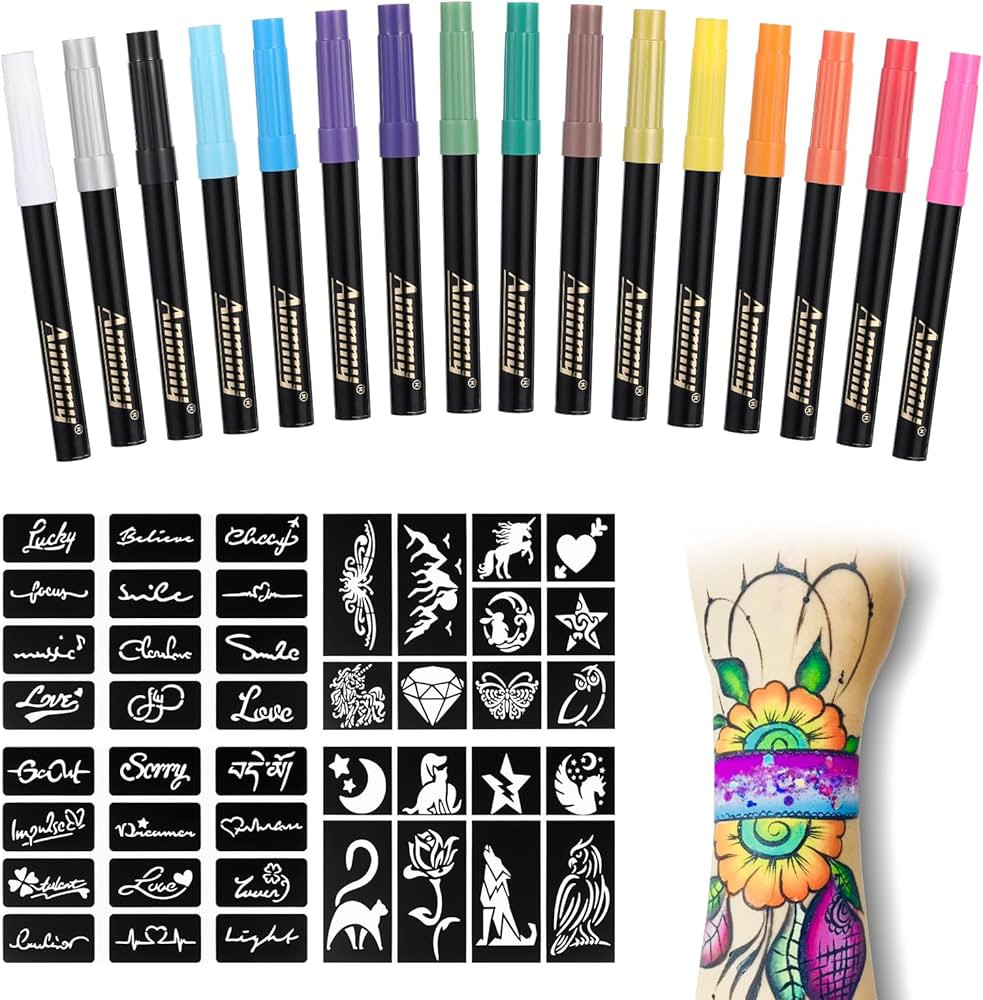 Temporary Tattoo Markers for Skin, 16-Count Body Markers+77 Large Tattoo Stencils of Assorted Col... | Amazon (US)