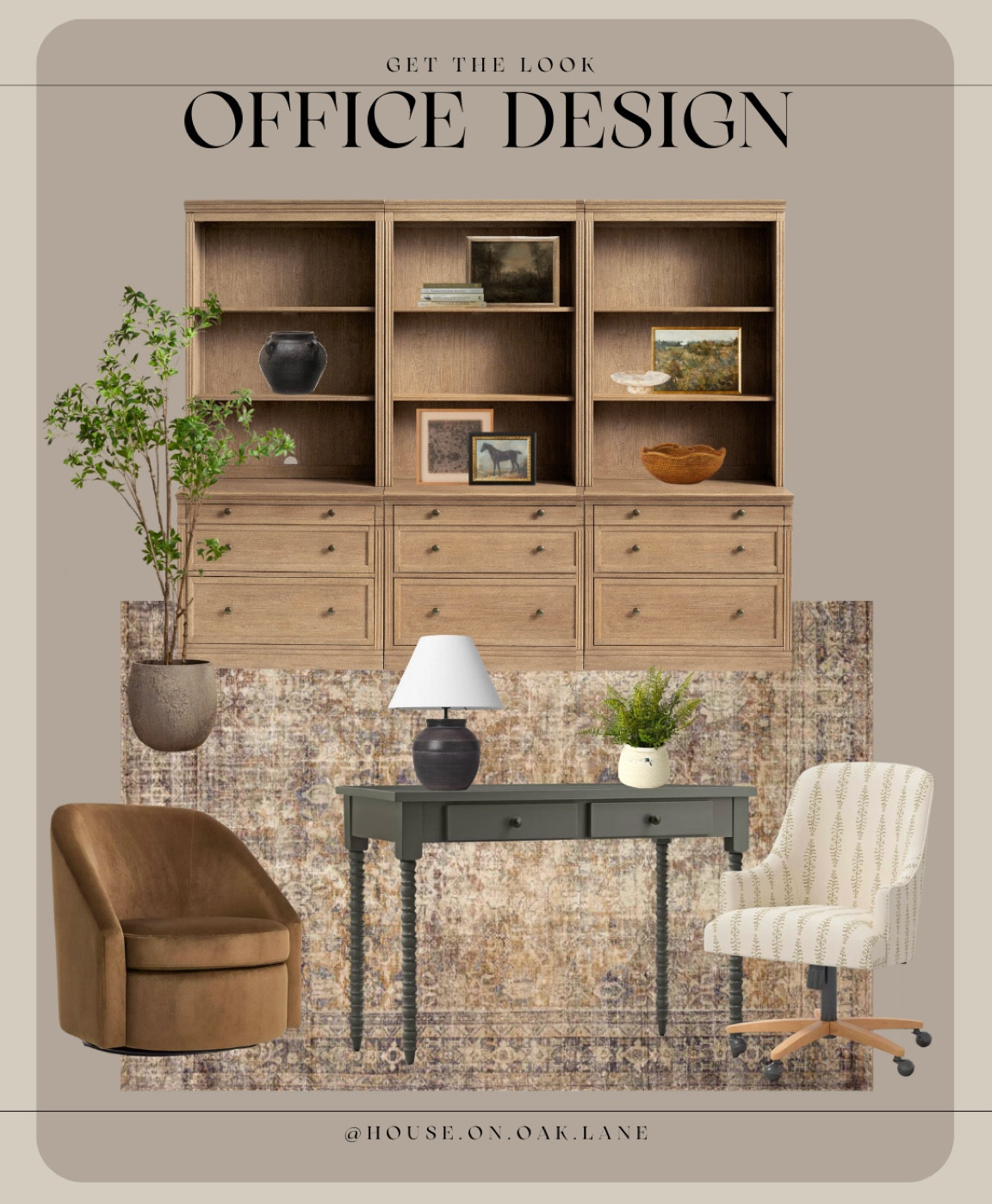 Office idea 

Floral print upholstered office chair brown velvet neutral soft area rug vintage turned leg desk shelf styling idea 

#LTKhome #LTKFind #LTKsalealert