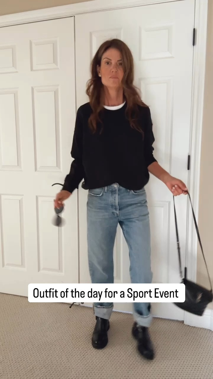 Outfit for a hockey game. Super soft black sweatshirt styled with a white t-shirt, button fly cuffed jeans, black and white jacket, black bag and Tom Ford sunglasses. The jeans run a little big. I am in a size 25.  You don’t need to cuff the jeans.  You can wear regular or roll up.  



#LTKOver40 #LTKStyleTip #LTKFindsUnder100