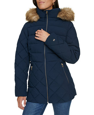Tommy Hilfiger Women's Bibbed Faux-Fur-Trim Hooded Puffer Coat, Created for Macy's - Macy's | Macy's