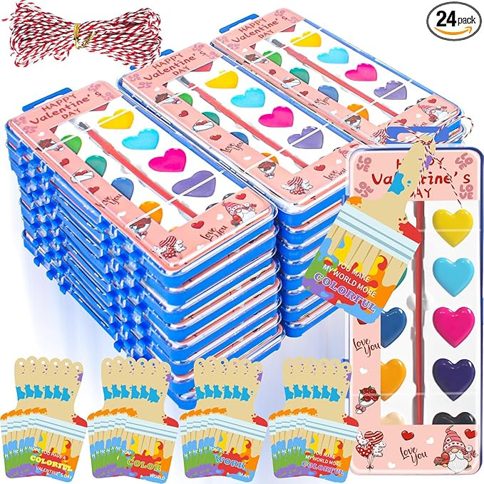 24 Pack Watercolor Paint Set for Kids, 12 Color Valentines Day Washable Watercolors with Valentin... | Amazon (US)