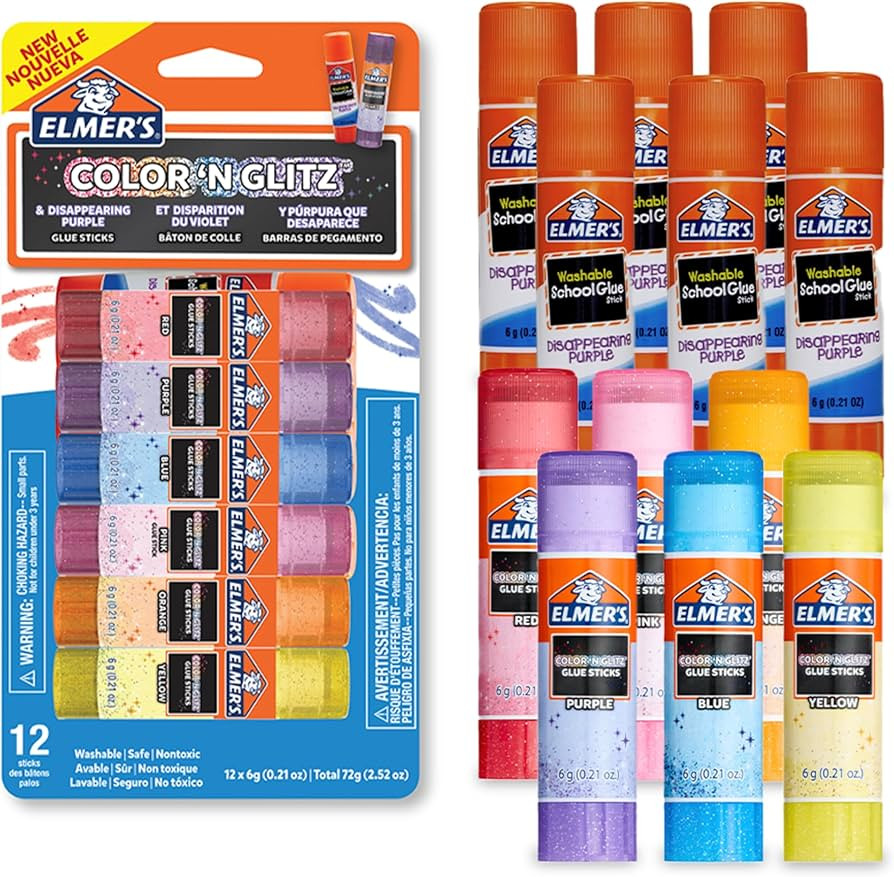 Elmer’s Color 'n Glitz Glue Sticks, Washable, Assorted Colors, Includes Disappearing Purple Glu... | Amazon (US)