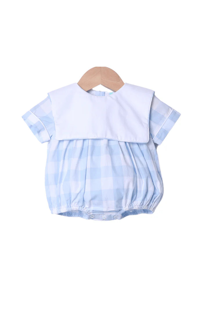 Blue Gingham Bib Short Sleeve Bubble | The Smocked Flamingo