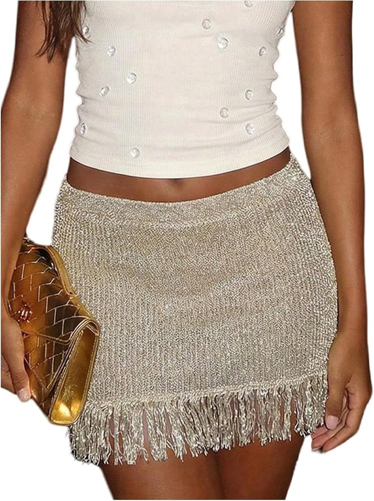 MakeMeChic Women's Summer Crochet Fringe Mini Skirt Summer Beach Vacation Low Waist Knit Skirts | Amazon (US)
