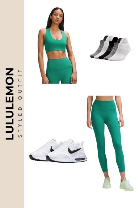 Ready, set, go green! 
Gear up with this vibrant Lululemon sports bra and leggings combo, perfect for any workout. Complete the look with comfy socks and sleek sneakers to keep you moving in style. #WorkoutReady #Lululemon #AthleticWear

#LTKActive #LTKStyleTip #LTKFitness