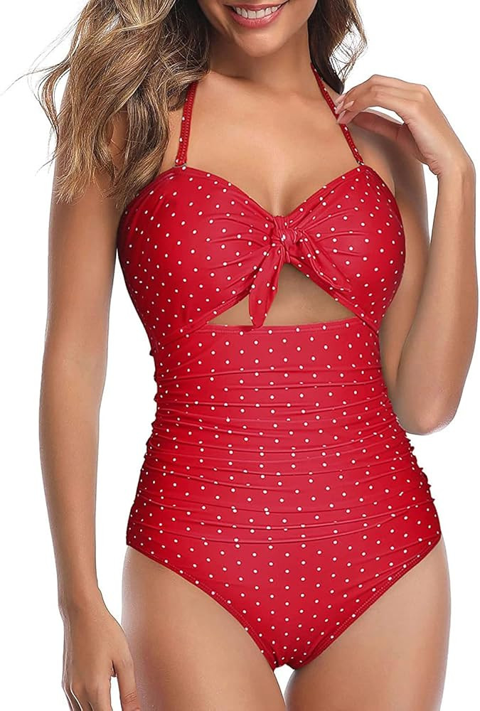 Tempt Me Women Sexy Cutout One Piece Swimsuits Tummy Control High Waisted Halter Front Tie Knot B... | Amazon (US)