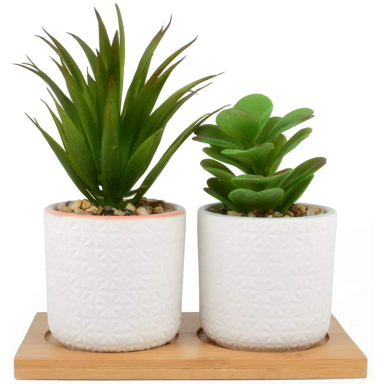 Set of 2 Artificial Succulent Plants, Fake Plants in White Ceramic Pots with Bamboo Tray, 6.5” ... | Walmart (US)