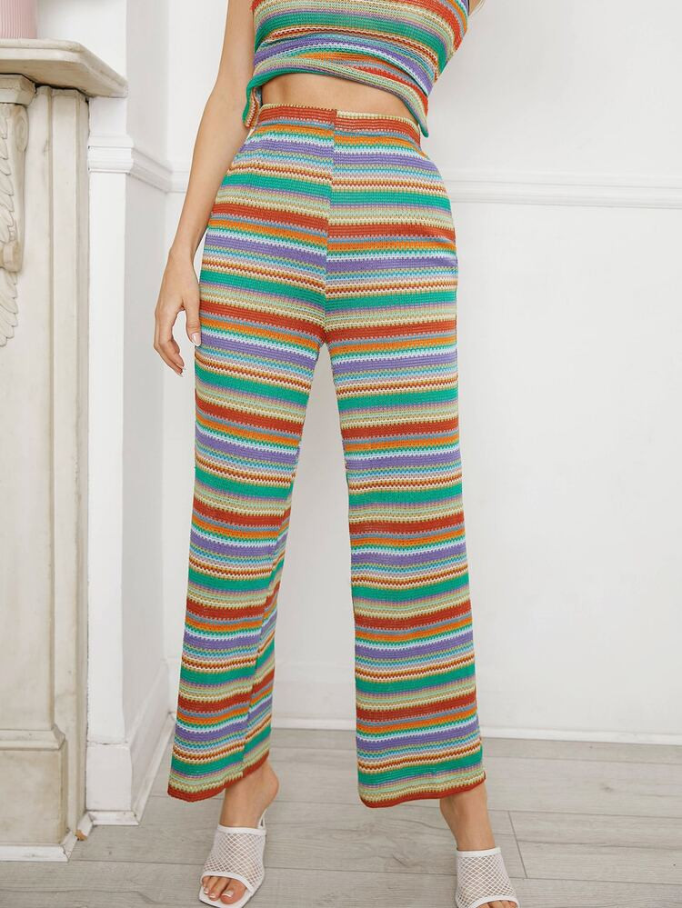 SHEIN Pantalones de pierna ancha de talle alto de rayas combinadas | SHEIN