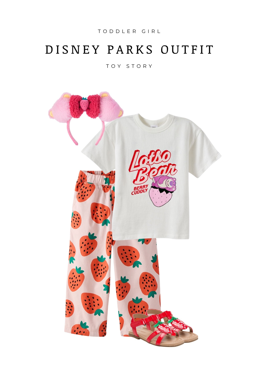Adorable toddler girl Disney outfit inspired by Toy Story’s Lotso Bear! This cute look features a Lotso graphic tee, strawberry print pants, matching sandals, and a pink headband for the perfect Disney parks outfit. Ideal for Disneyland or Walt Disney World, this comfy and stylish outfit is perfect for summer park days, character photos, and family trips. Save this Toy Story outfit idea for your next Disney vacation!

#LTKKids #LTKTravel #LTKootd