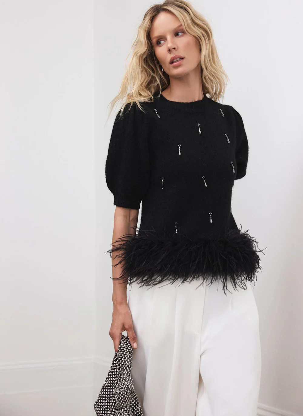 Black Embellished Feather Trim Knit Top | Mint Velvet