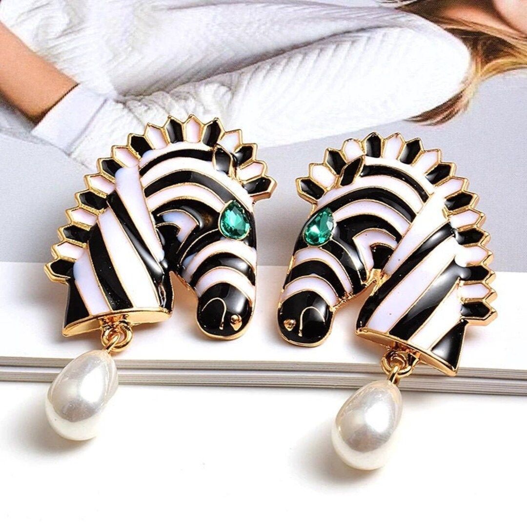 Zebra Earrings Pearl Earrings Enamel Animal Earrings - Etsy | Etsy (US)