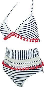 COCOSHIP Women's Mesh Striped High Waist Bikini Set Tassel Trim Top Halter Straps Swimsuit(FBA) | Amazon (US)