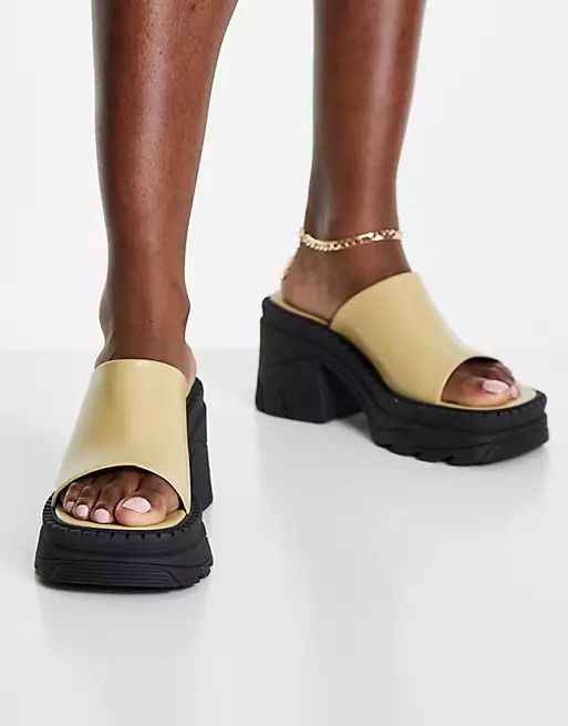 Topshop Wade premium leather chunky heeled mule sandal in pale yellow | ASOS (Global)