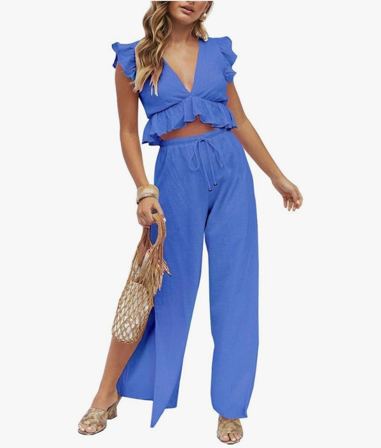 FANCYINN Womens 2 Pieces Outfits Deep V Neck Crop Top Side Slit Drawstring Wide Leg Pants Set Jumpsuits

#LTKSpringSale #LTKdayinmylife #LTKgrwm