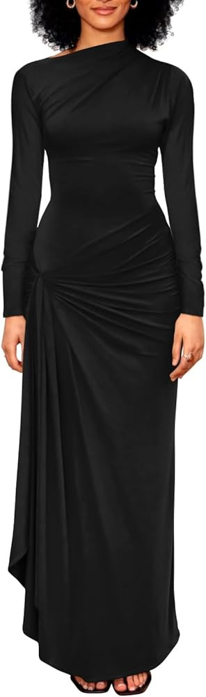 YMDUCH Women's Casual Long Sleeve Boat Neck High Split Ruched Bodycon Long Formal Dress | Amazon (US)
