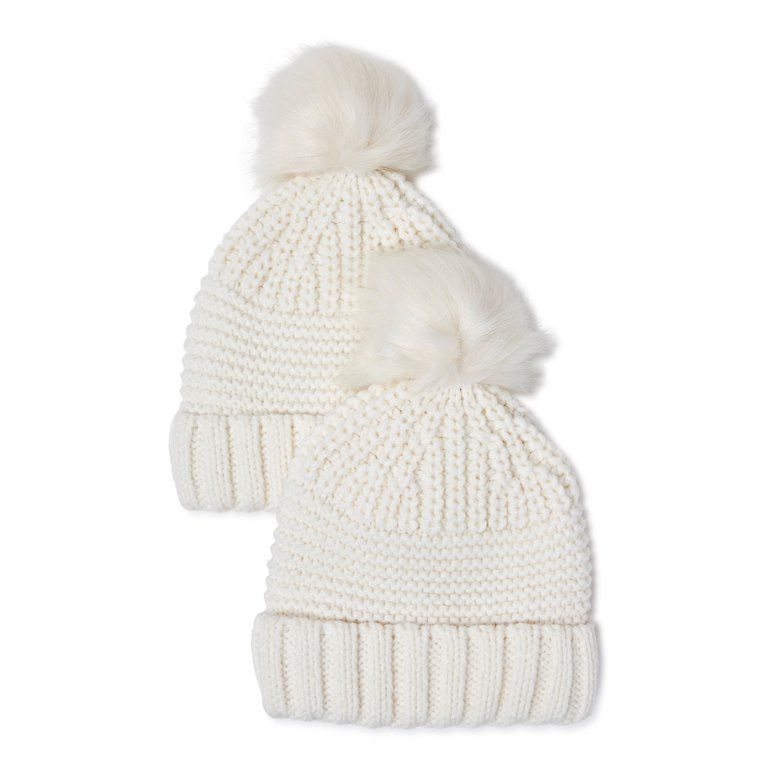 Time and Tru Women's Mixed Knit Pom Beanie, 2-Pack - Walmart.com | Walmart (US)