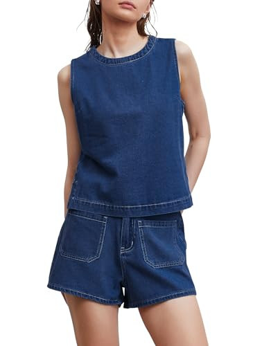 Kedera 2 Piece Denim Jean Outfit Women Sleeveless Boxy Tank Tops Shirts and Shorts Lounge Sets Pajama Sets | Amazon (US)