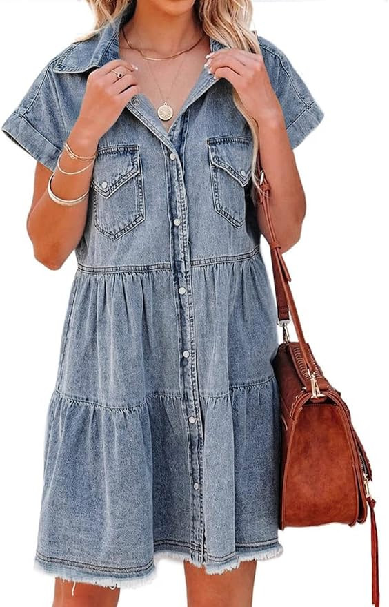 Astylish Women Buttoned Denim Dress Short Sleeve Casual Ruffled Mid Pom Pom Jean Dress | Amazon (US)