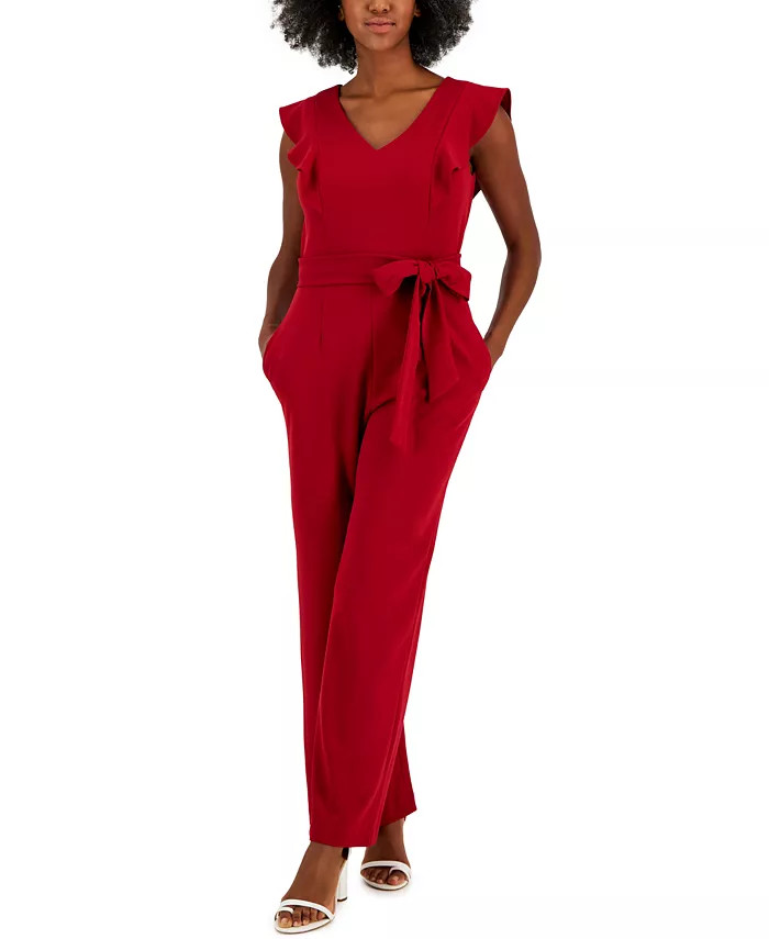 Scuba Crepe V-Neck Flutter-Sleeve Belted Jumpsuit | Macys (US)