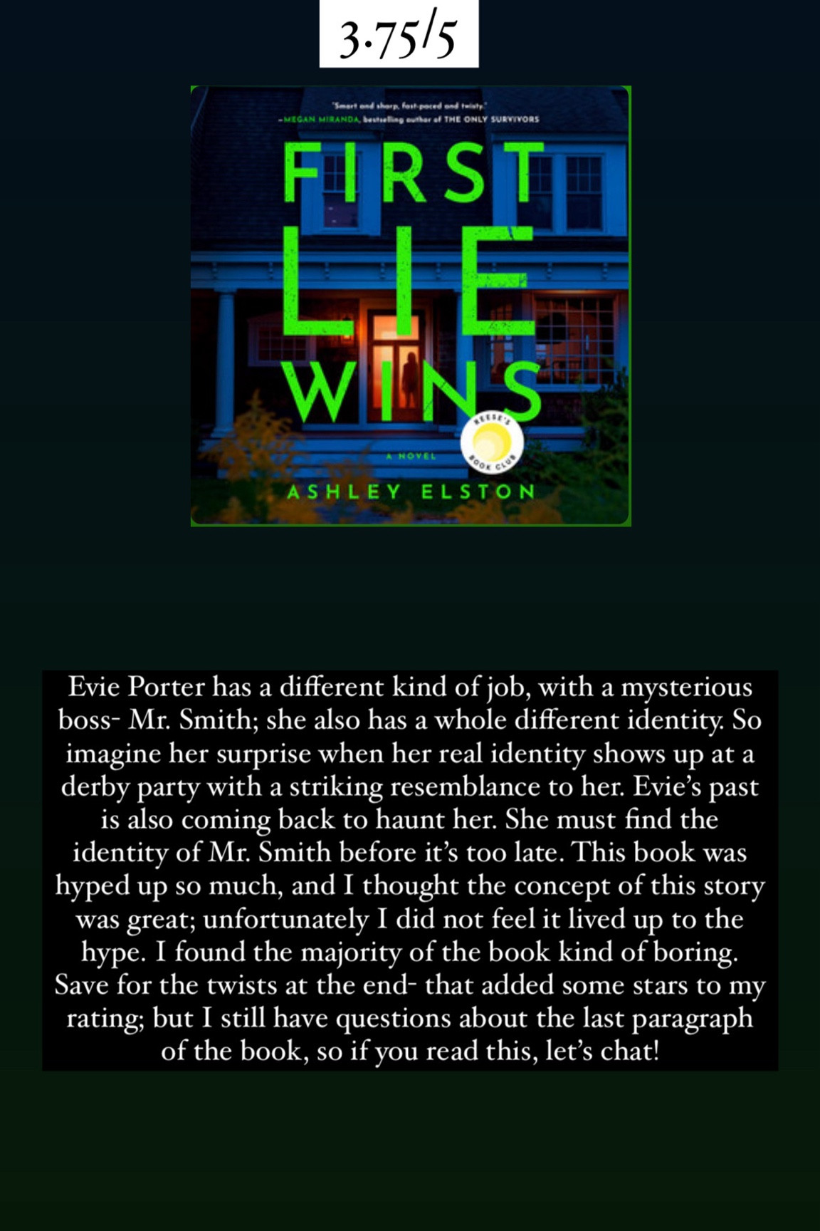 38. First Lie Wins by Ashley Elston :: 3.75/5⭐️. Evie Porter has a different kind of job, with a mysterious boss- Mr. Smith; she also has a whole different identity. So imagine her surprise when her real identity shows up at a derby party with a striking resemblance to her. Evie’s past is also coming back to haunt her. She must find the identity of Mr. Smith before it’s too late. This book was hyped up so much, and I thought the concept of this story was great; unfortunately I did not feel it lived up to the hype. I found the majority of the book kind of boring. Save for the twists at the end- that added some stars to my rating; but I still have questions about the last paragraph of the book, so if you read this, let’s chat! 

book / thrillers / romance / travel book / good reads / booktok books / book recommendations / on my bookshelf / kindle books / audio books / kindle girlie / kindle unlimited / amazon books / amazon reads / amazon readers / reading / reading must haves / trending books / kindle accessories / books accessories / books

#LTKhome #LTKtravel