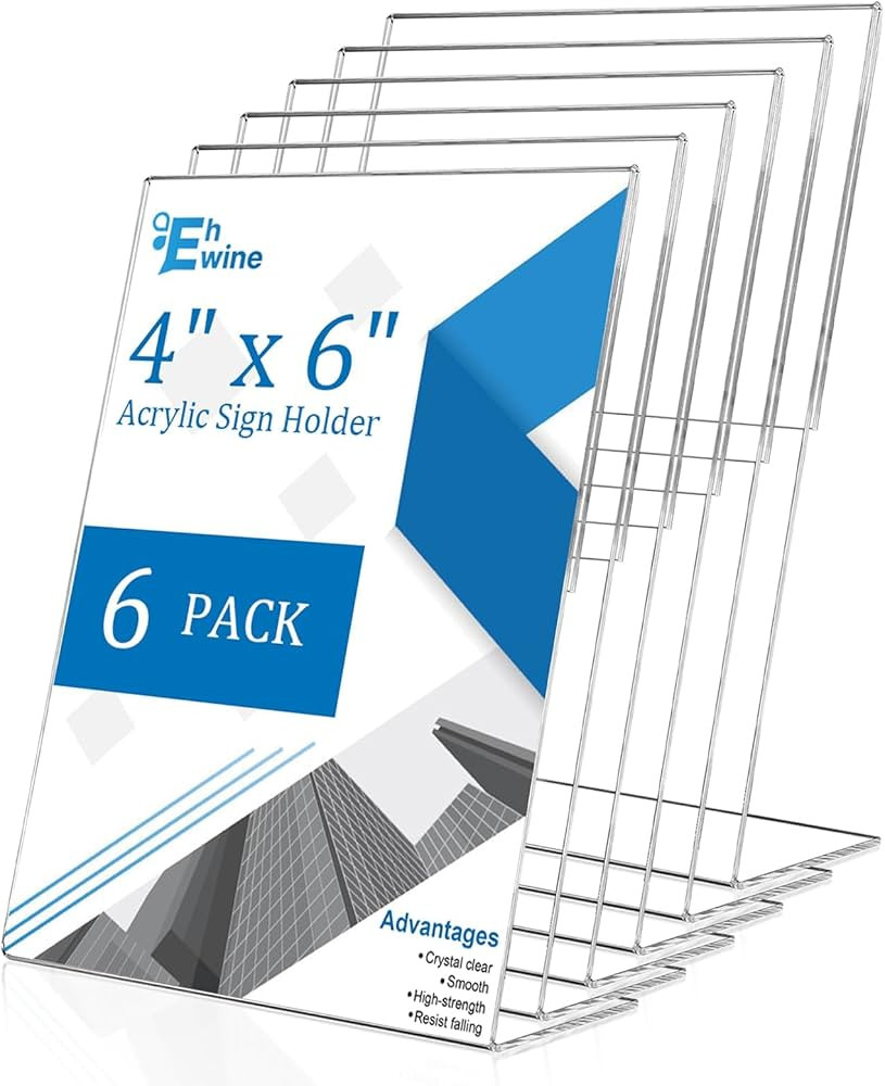 EHWINE 6 Pack 4 x 6 Acrylic Sign Holder, Clear Plastic Signs Display Stand, Vertical Slanted Back... | Amazon (US)