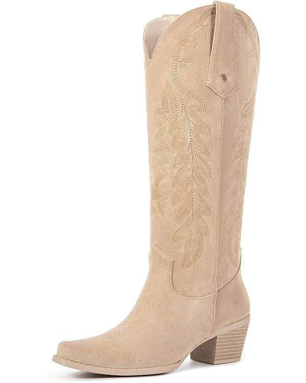 wetkiss Cowboy Boots for Women Knee High Cowgirl Boots Retro Embroidered Chunky Heels Pointed Toe... | Amazon (US)