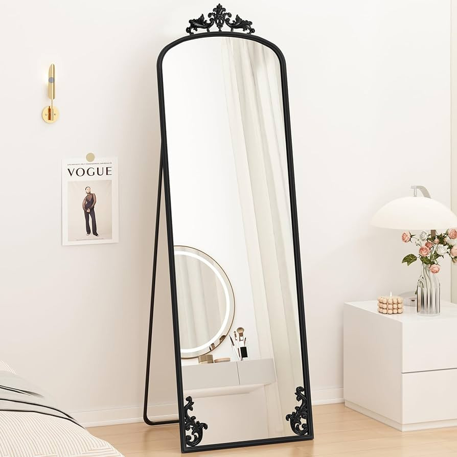 AZODY Arched Mirror Full Length with Stand, 65" x 21" Black Floor Length Mirror with Carved Metal... | Amazon (US)