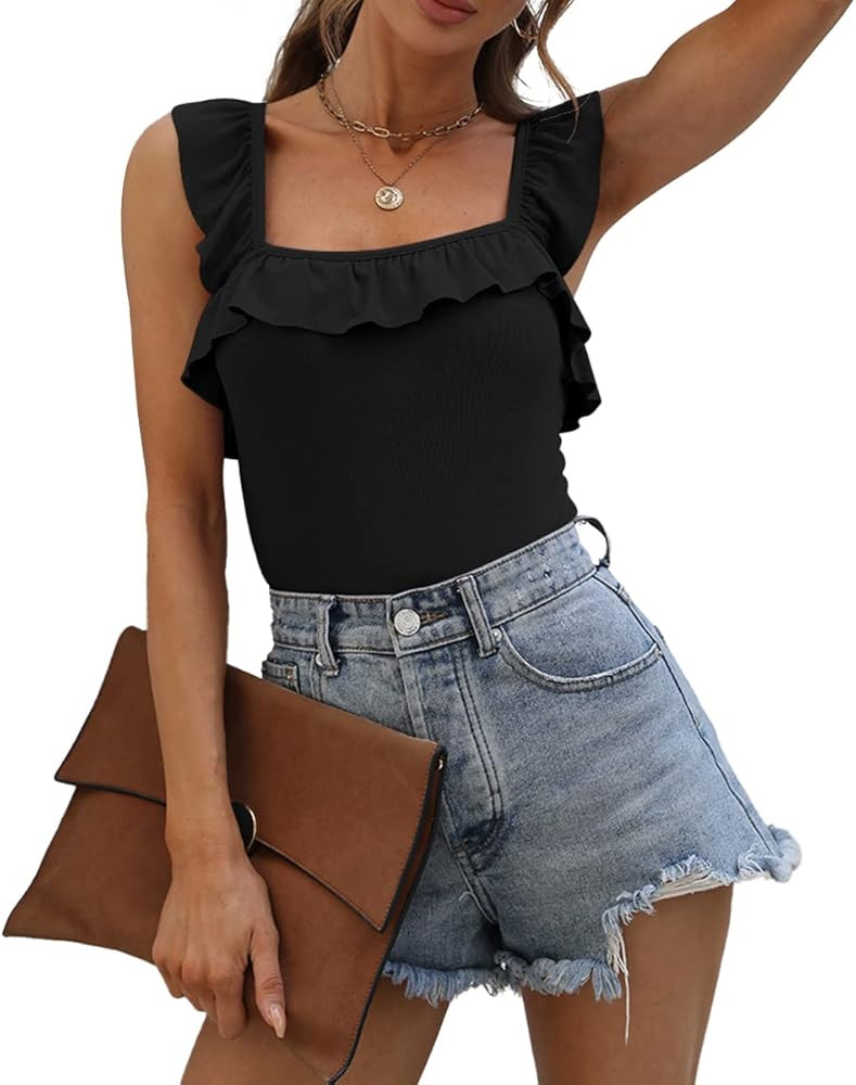 Poetsky Womens Summer Sleeveless Tank Tops Ruffle Strap Square Neck Ribbed Shirts Camisole | Amazon (US)