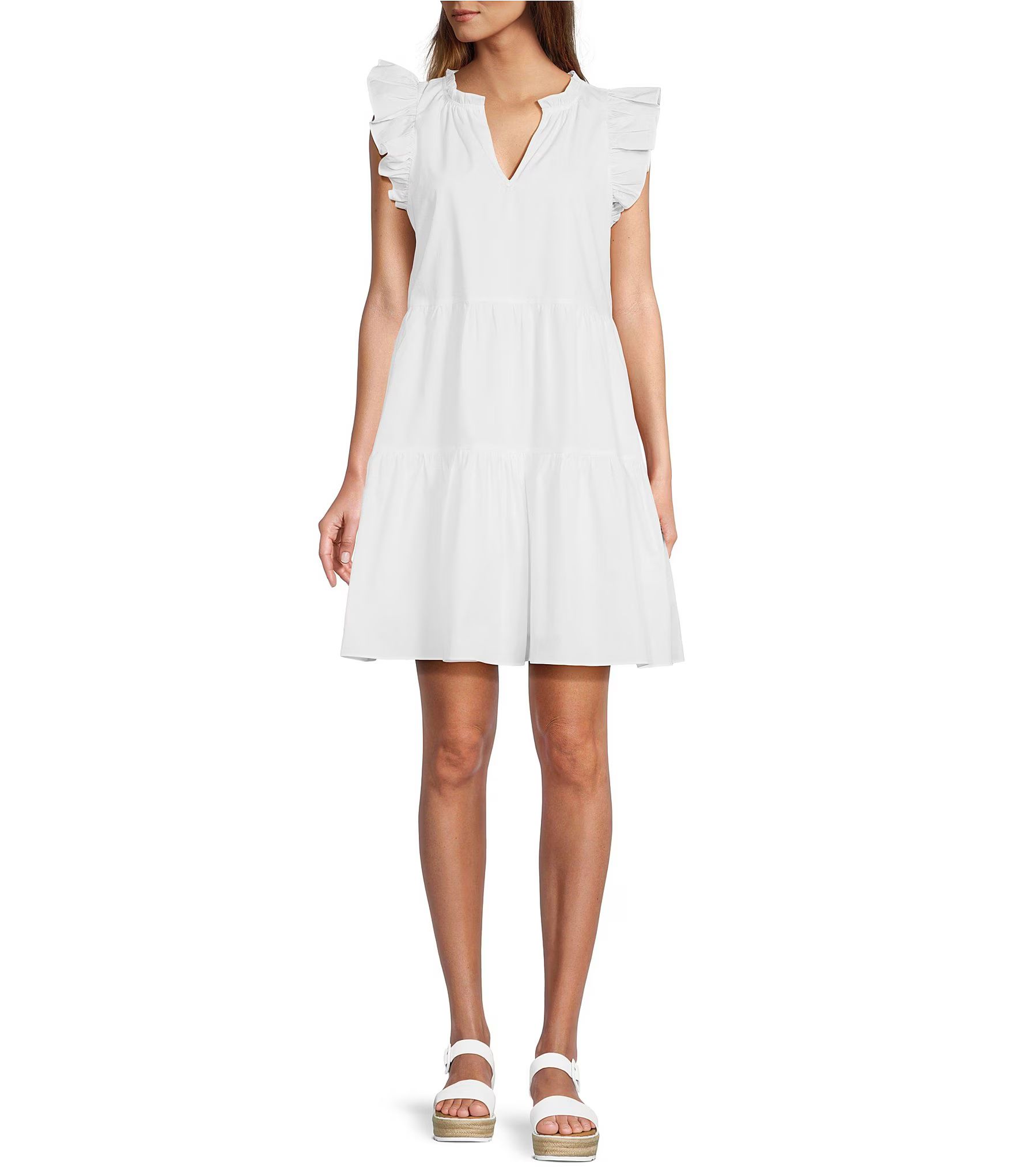 A Loves A Split V-Neck Ruffle Cap Sleeve Tiered Poplin Mini Dress | Dillard's | Dillard's