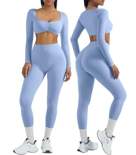 OMKAGI 2 Piece Workout Sets for Women Long Sleeve Padded Sports Bra High Waisted Gym Outfits with... | Amazon (US)
