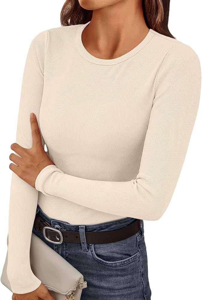 AUTOMET Womens Ribbed Shirts Crewneck Fitted Tops Casual Underscrubs Layer Slim Basic T-Shirts | Amazon (US)
