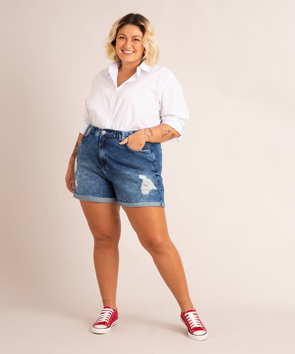 short mom jeans plus size destroyed cintura super alta azul médio | C&A (BR)
