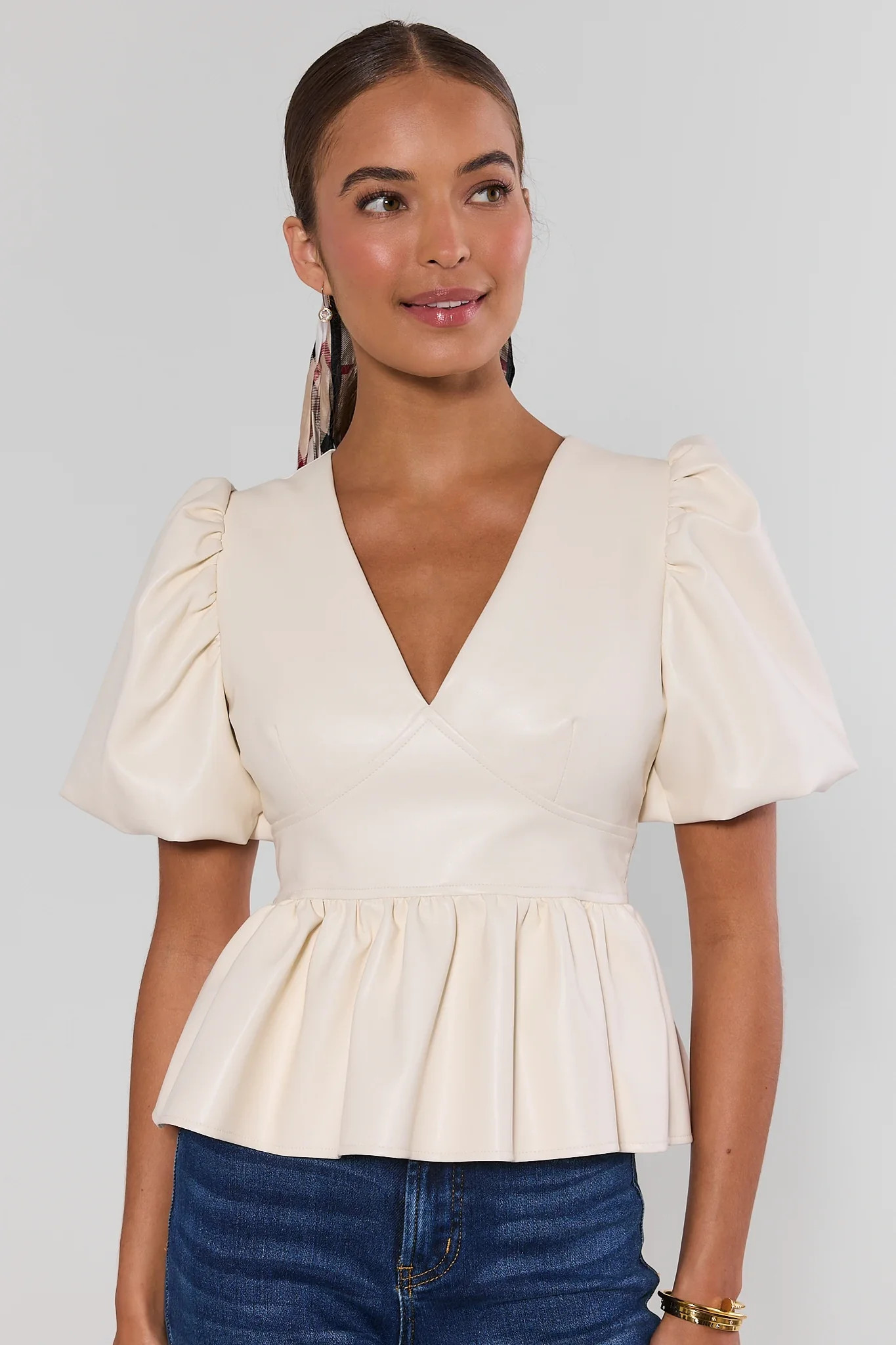 Ivory Faux Leather Peplum Top | Avara