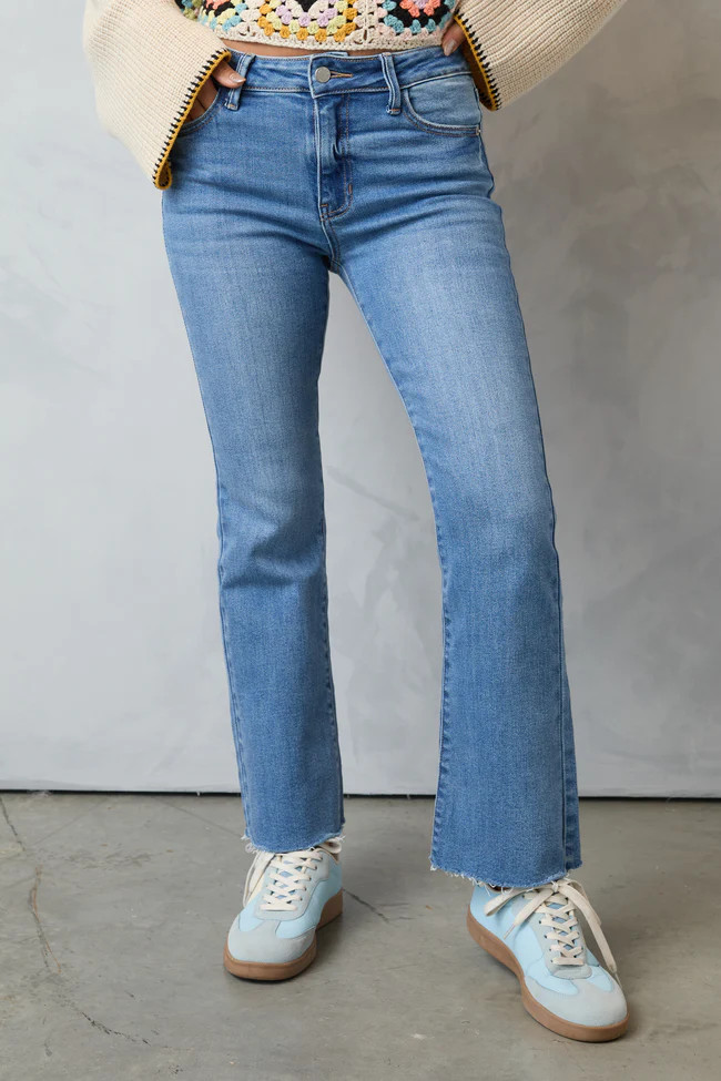 Della Medium Wash Stretch Crop Flare Jeans | Pink Lily