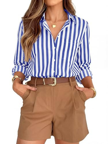 BBIBBI Blue and White Striped Shirt Women Button Down Shirts for Blouses Long Sleeve Womens Tops Up Dressy Casual Navy Blue Size XS | Amazon (US)