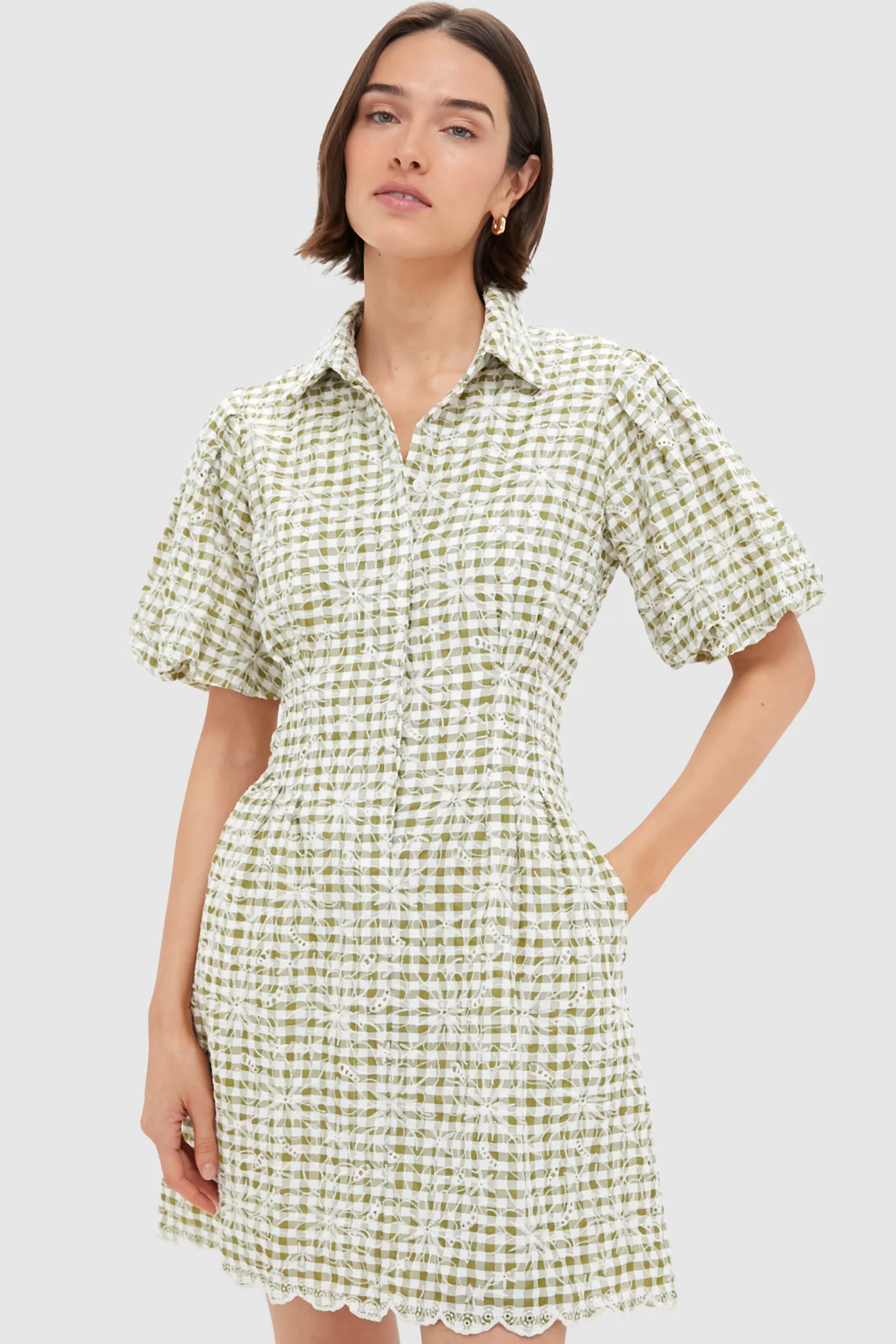 Embroidered Floral Green Gingham Mini Delaney Dress | Tuckernuck (US)