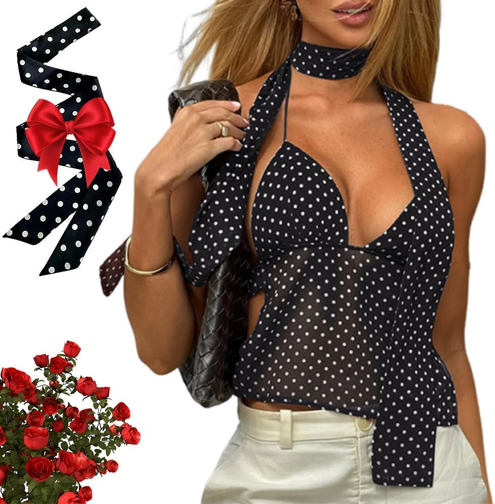 Women Backless Polka Dot Halter Top with Ribbon, Y2k Halter V-Neck Backless Tank Top, Chiffon Mes... | Amazon (US)