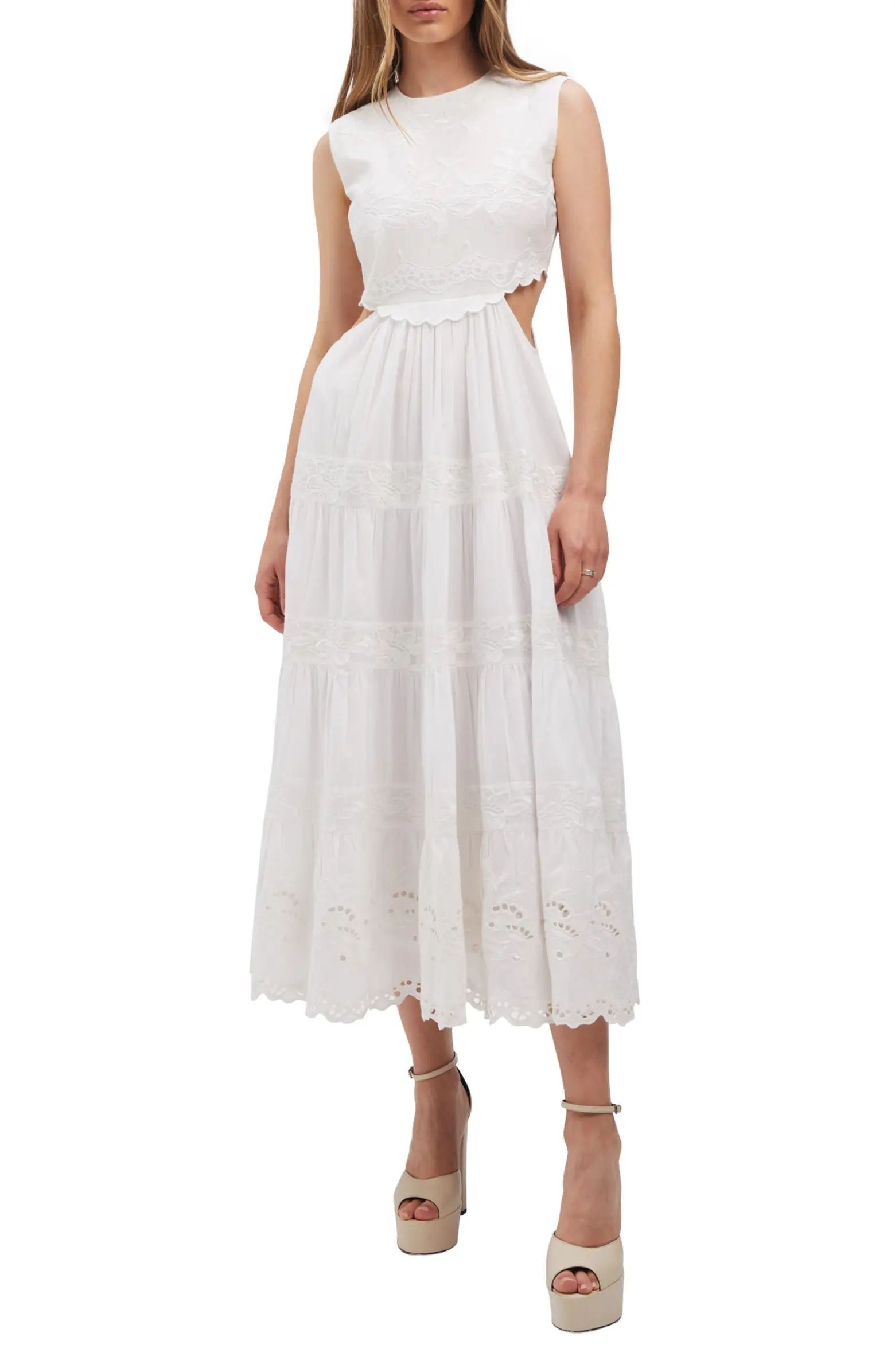 Swoon Embroidered Tiered Cutout Cotton Midi Dress | Nordstrom