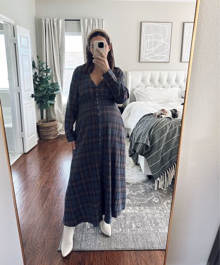 Plaid maxi dress, wearing a small. Non-maternity, such a flattering fit. May also wear this for our newborn shoot. Has pockets. Ivory croc booties are similar since mine are older 

Fall outfits, thanksgiving outfit, fall dresses

#LTKSeasonal #LTKshoecrush #LTKbump