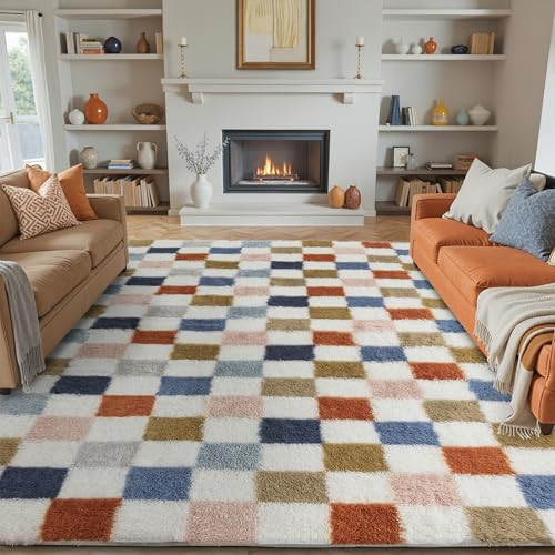 PureCozy Checkered Rug 8x10 for Living Room, Modern Rainbow Shag Rug Washable Non-Slip Large Area Rug Super Soft Indoor Fuzzy Carpet Fluffy Rugs for Bedroom Home Aesthetic Decor | Amazon (US)