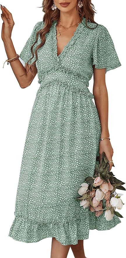 KIRUNDO Women's Summer Casual Ruffle Short Sleeve Deep V Neck Boho Floral Print Midi Dress Flowy ... | Amazon (US)