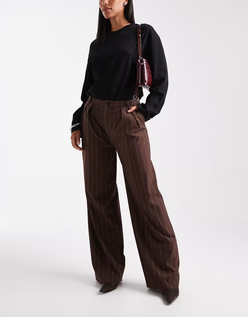 ASOS DESIGN tailored wide leg trousers with tab detail trousers in brown stripe | ASOS (Global)