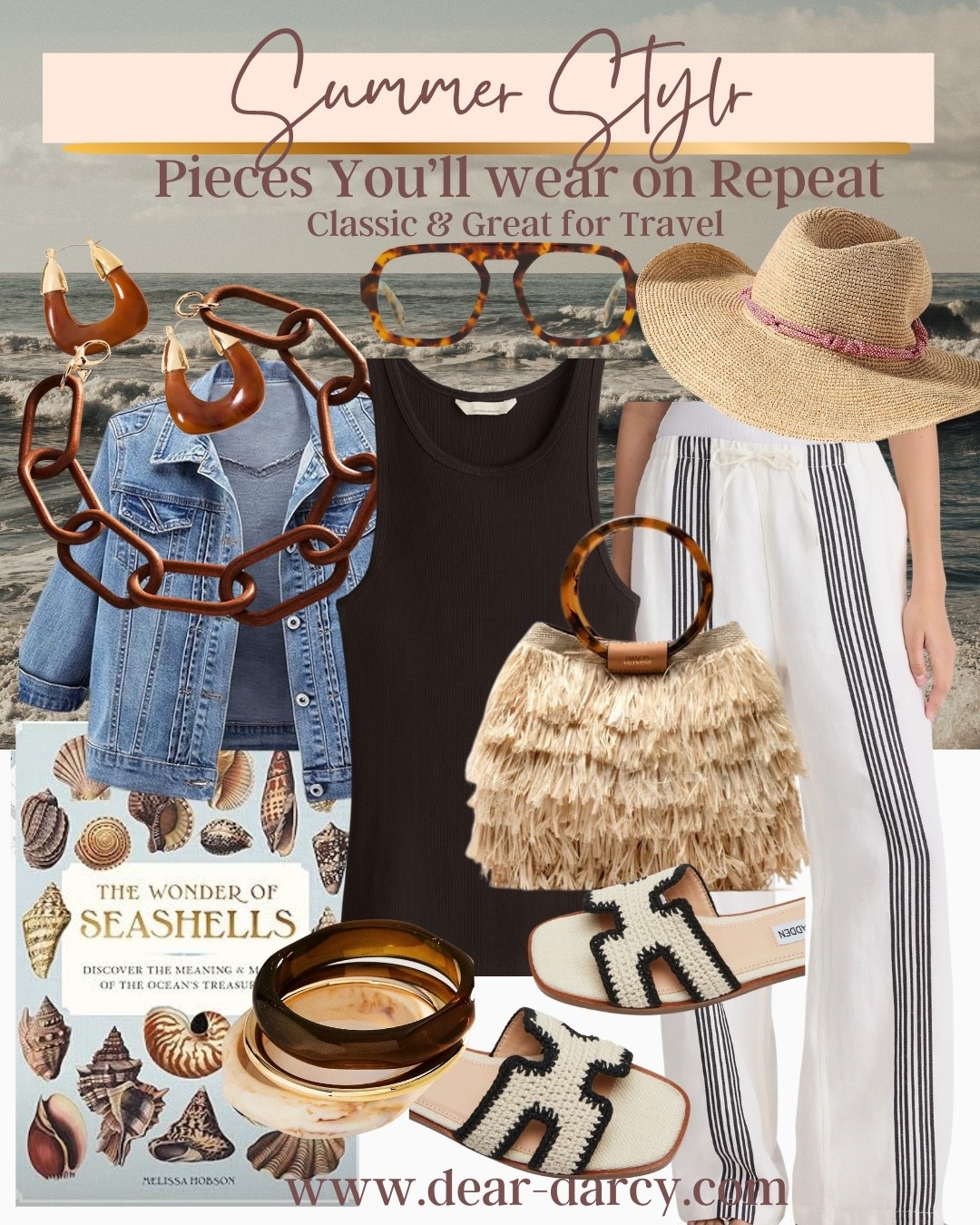 Summer style 

Pieces you’ll wear on repeat all summer long

Striped linen pant
The best tank tops 
Denim  jacket lightweight 

Fun crochet sandals black & white 
Raffia bag and tortoise shell handle 
Tortoise shell chain necklace and earrings 
Fun large bangles 
Clear glasses with tortoise shell frame 
Straw cowbow hat