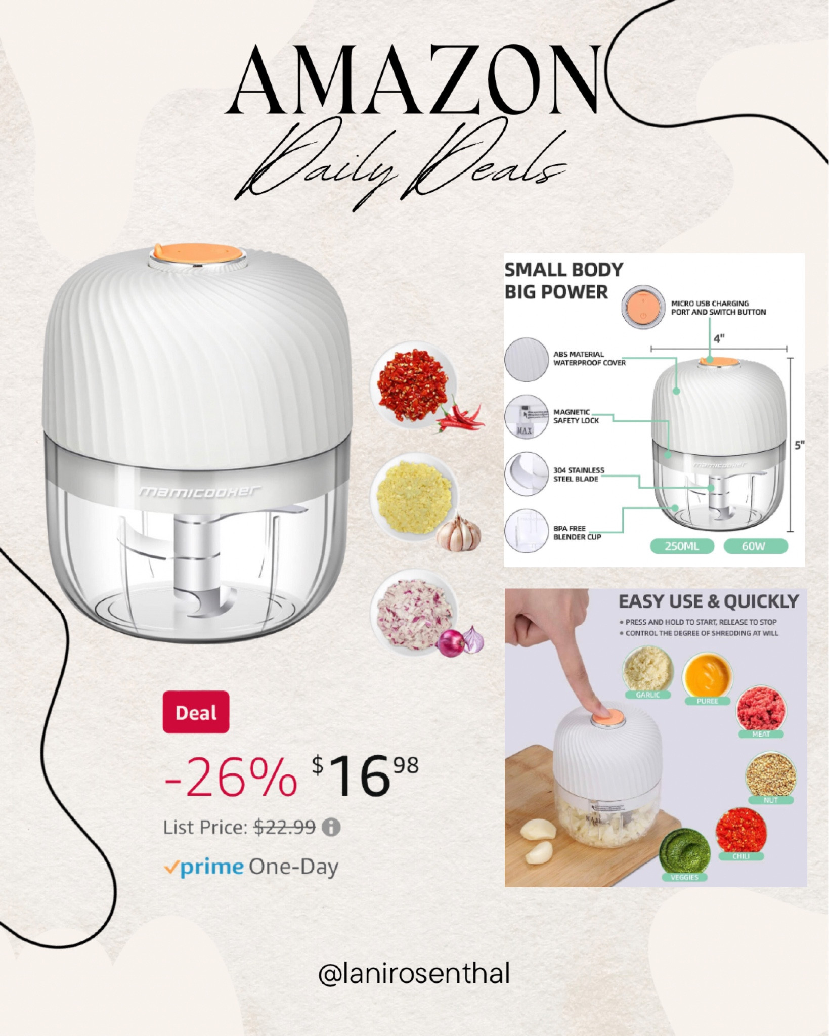 Amazon Daily Deal

Electric Garlic Chopper, Mini Portable Veggie Chopper, 250ML Garlic Grinder Masher Onion Chopper, Blender to Vegetable, Wireless Food Processor for Ginger, Chili, Fruit, Meat, etc

#LTKsalealert #LTKFind #LTKhome
