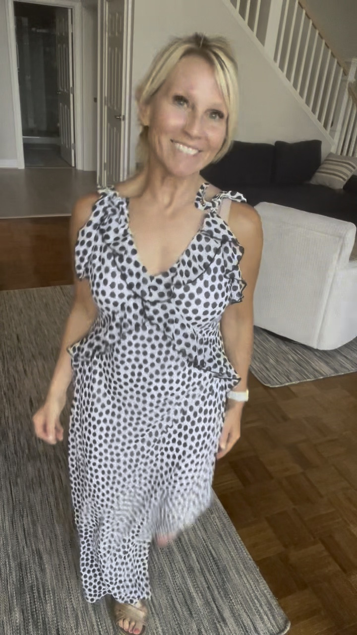 Wedding guest dress 👗 Wore this to a wedding a couple days ago and it was a hit. I’m 5’2” and tend to stay away from full length or maxi dresses because they can just swallow me up 🤪 I was so impressed at how flattering this one is! The criss-cross cut on the front is very elongating. 

#LTKOver40 #LTKWedding #LTKPetite