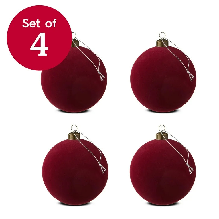 4 Count Dark Red Velvet-Feel Ball Christmas Ornaments, 4.5", by Holiday Time | Walmart (US)