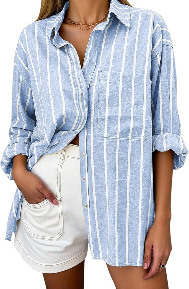 Oversized Button Down Shirts for Women Linen Shirt Long Sleeve Collared Blouses with Pocket Beach... | Amazon (US)