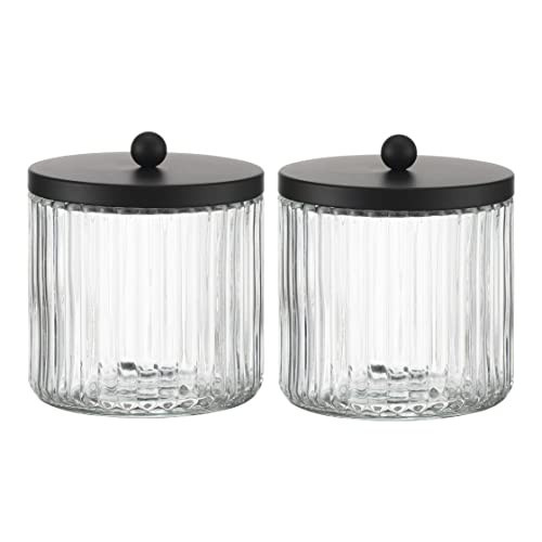 KMwares 2-Pack Glass Qtip Holder Dispenser Set - Bathroom Canister Storage Organizer for Cotton Balls, Swabs, Floss Picks, and Makeup Sponges with Matte Black Metal Lid - Clear Vanity Apothecary Jars | Amazon (US)