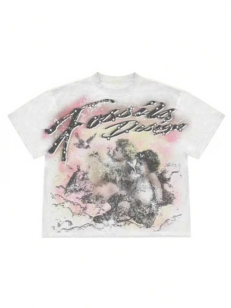 Women's 180g 100% T-Shirt - Vintage Angel & Lettering Print Soft Breathable Crew Neck Short Sleev... | SHEIN
